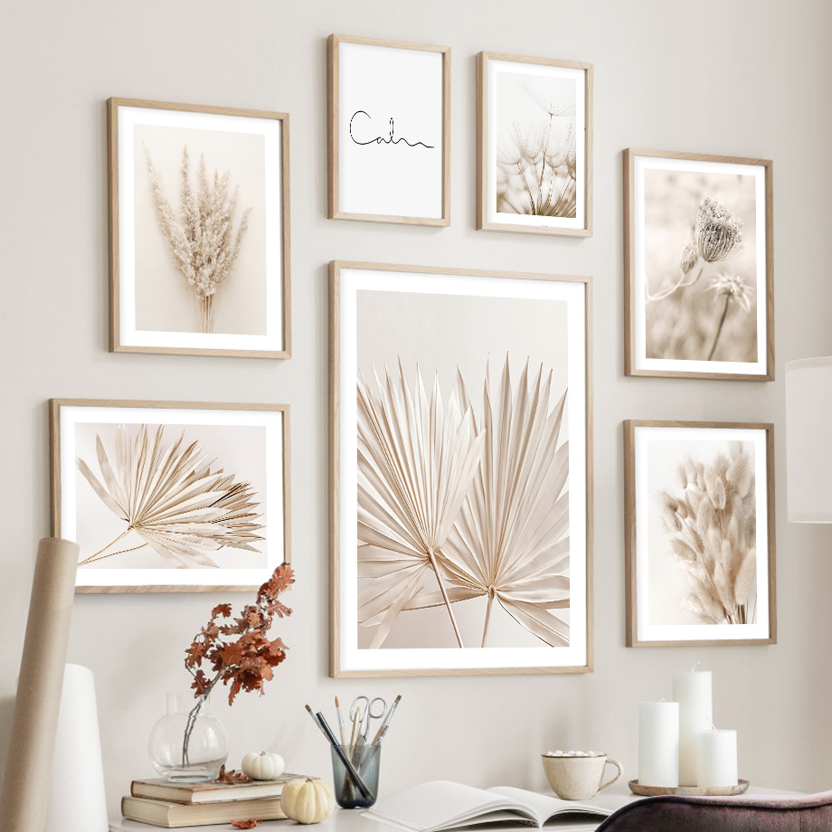 Palm Leaf Dried - ニュートラルベージュ ボヘミアン ウォールアート 壁画 キャンバスポスタープリント パンパスグラス