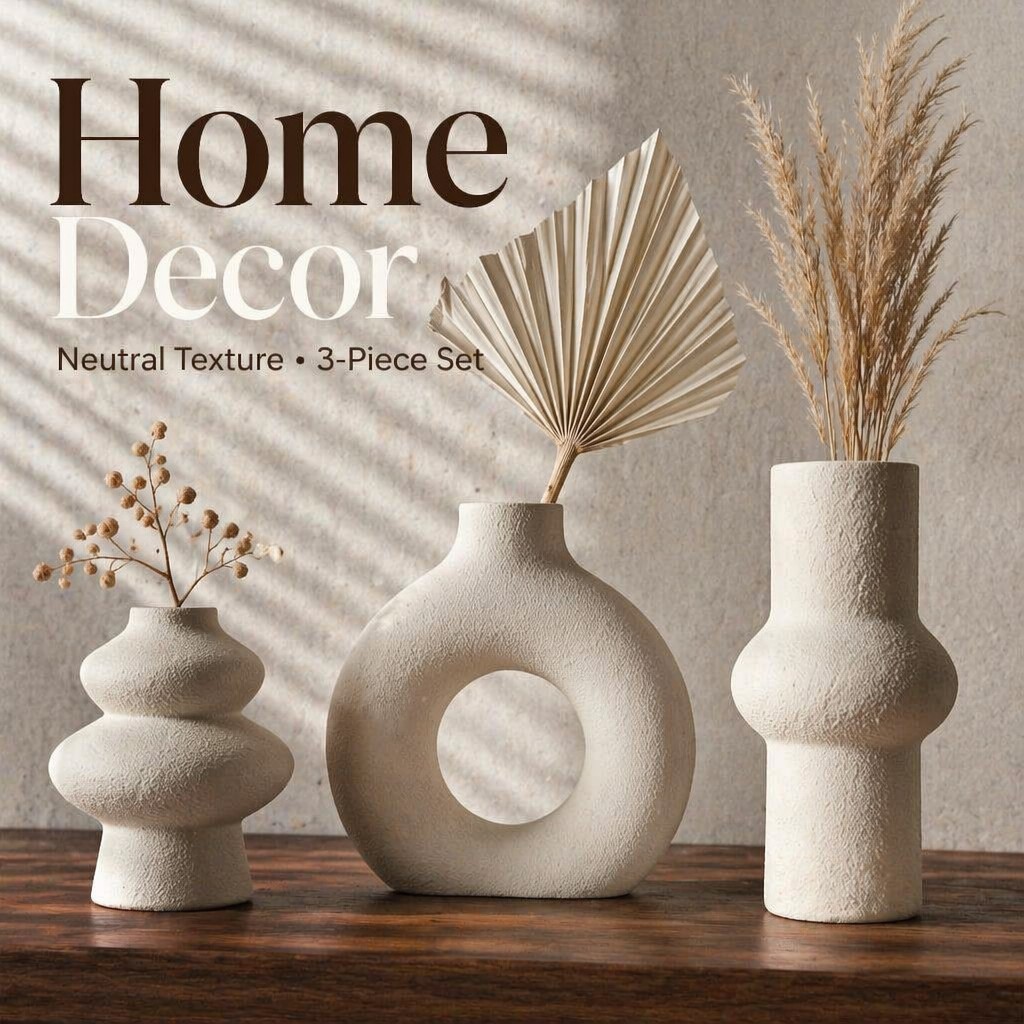 Palm Leaf Dried - 3個セット中空リング型ラフテクスチャ花瓶セット エコPLA ニュートラルサンドグレイン花瓶 北欧ボヘミアン装飾 ドライブーケ ヤシの葉
