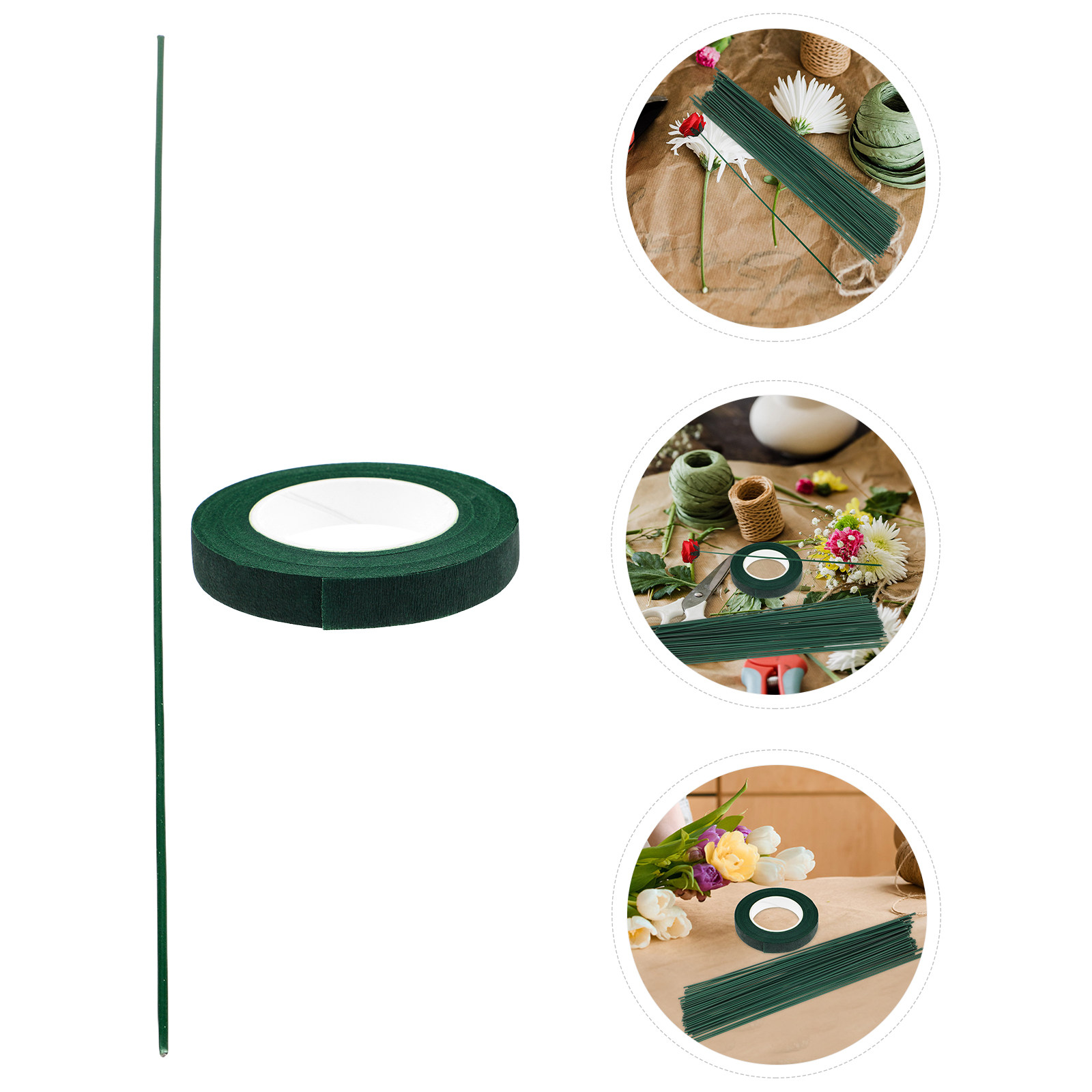 Floral Tape Green - 1セット フローラルテープとワイヤーキット グリーンフレキシブルフローラルワイヤー ペーパーローズブーケ用 クラフトフラワーテープ ブーケ用